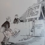 Political Cartoon from the 1920s. At Saskatchewan Immigration gate a sign reads "No More European settlers for the present, the English speaking residents are to be considered." A mennonite who is banned from entering holds a paper that reads "plan to settle 5,000 Mennonites in Saskatchewan."