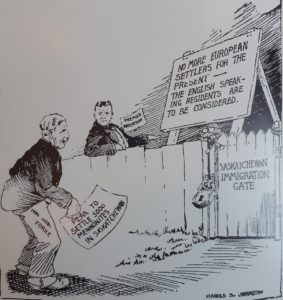 Political Cartoon from the 1920s. At Saskatchewan Immigration gate a sign reads "No More European settlers for the present, the English speaking residents are to be considered." A mennonite who is banned from entering holds a paper that reads "plan to settle 5,000 Mennonites in Saskatchewan."