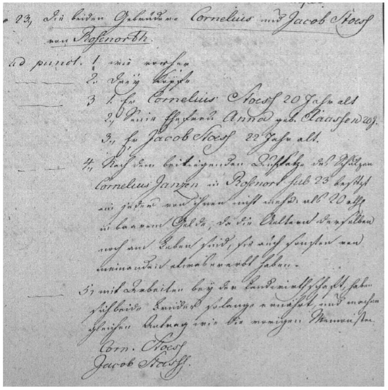 The emigration application for two brothers, Jacob and Cornelius Stoesz, of Rosenort (in the Gross Werder), West Prussia, dated 31 October 1803. Jacob did not immigrate to Russia until 1817 and Cornelius never did. The original record would have also had their signatures (Berlin Geheimes Staatsarchiv Preussischer Kulturbesitz I HA Rep7B file 4176 page 00533). Photo credit: Glenn Penner.