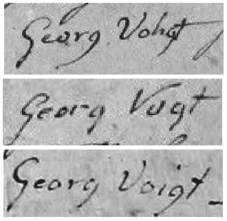 Photo 1: Georg Vogt (1775-1825) signed his name differently in three separate documents: a) 1817, b) 1822, and c) 1823.2