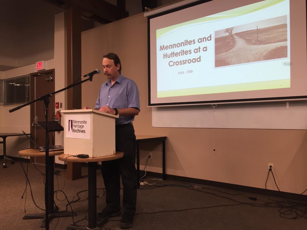 Conrad providing introductions at "Mennonites and Hutterites at a Crossroad 1914-1926" Public Lecture on November 7, 2019