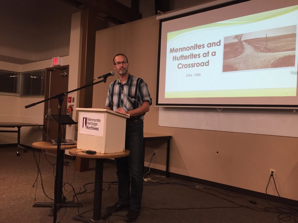 Ian Kleinsasser presenting at "Mennonites and Hutterites at a Crossroad 1914-1926" Public Lecture on November 7, 2019