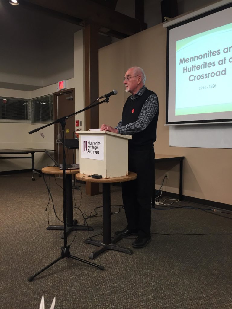 John Friesen presenting at "Mennonites and Hutterites at a Crossroad 1914-1926" Public Lecture on November 7, 2019